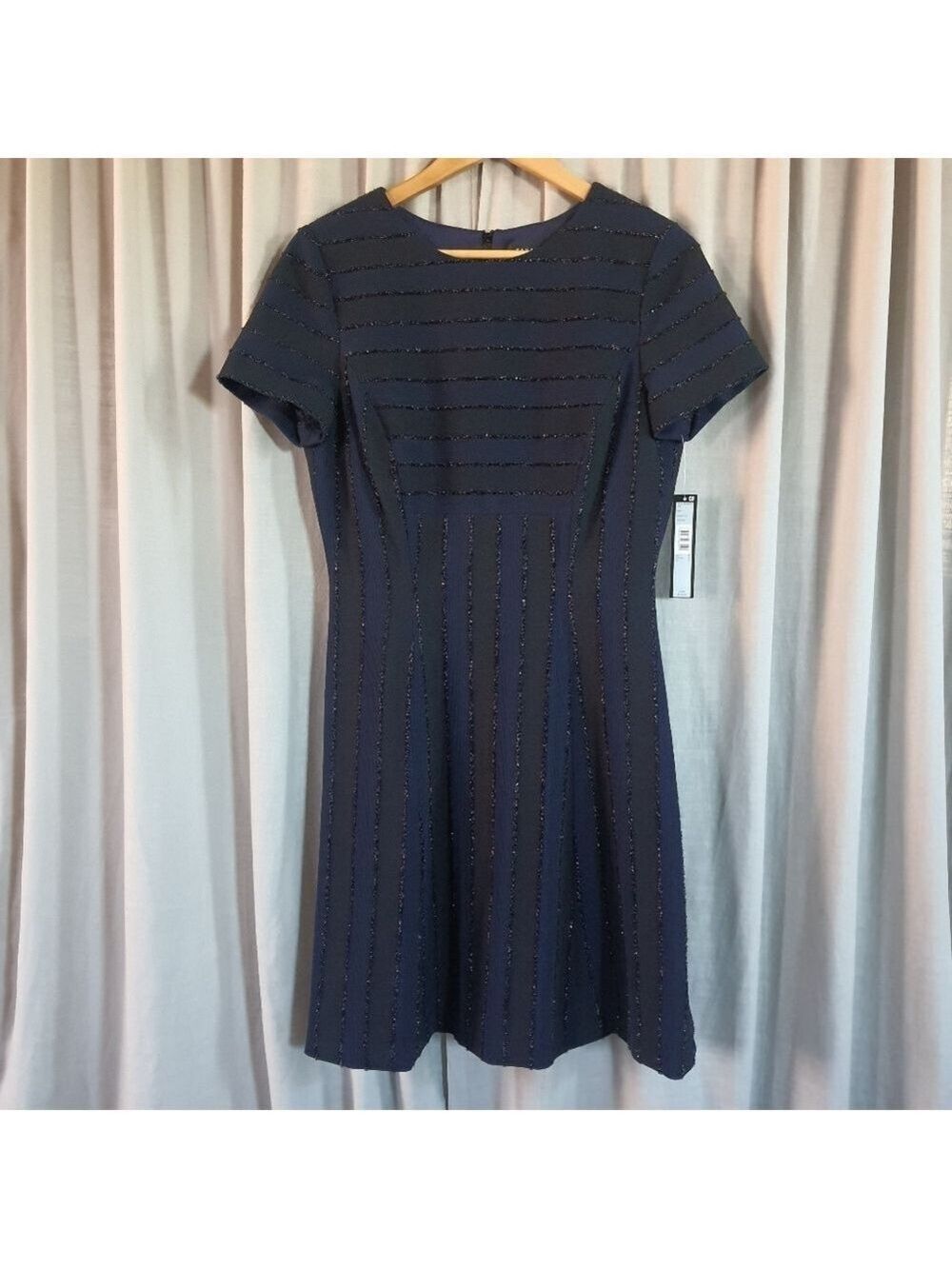 Tahari Asl Metallic Striped Short Sleeve Dress Blue Black Womens Size 6 NWT